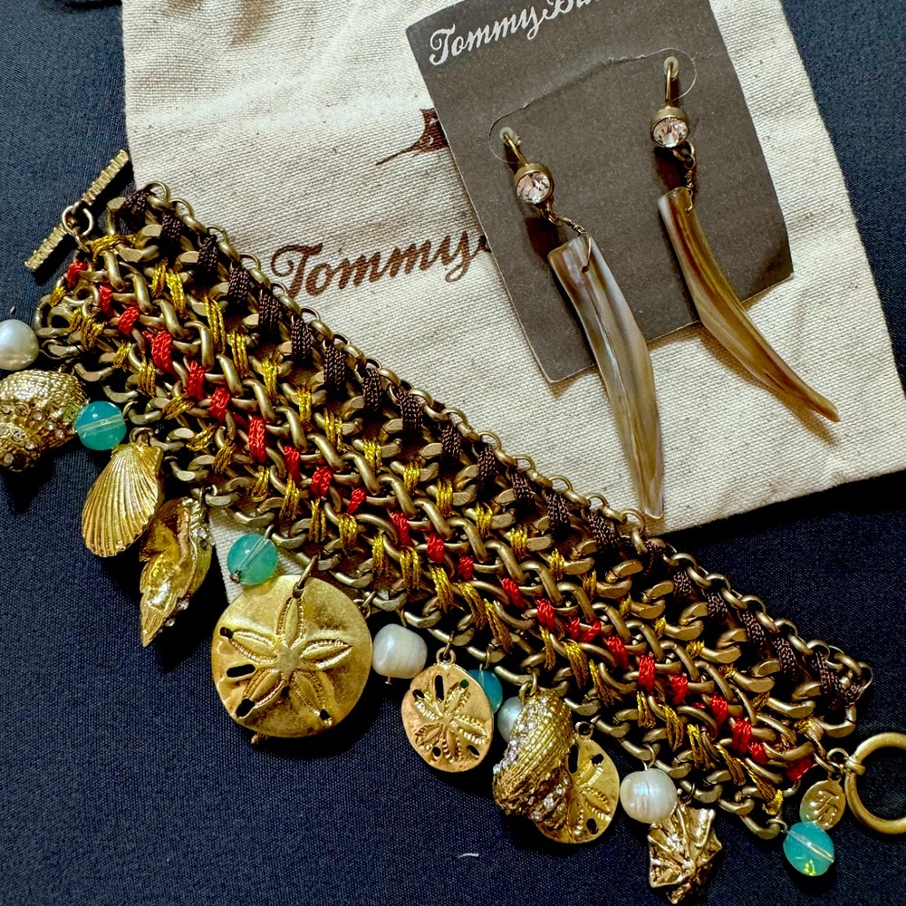 Tommy Bahama Gold and Red Charm Bracelet with Earrings